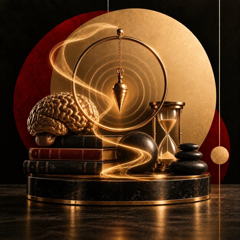 Stylised gold and red still life symbolising hypnotherapy — pendulum, brain and hourglass