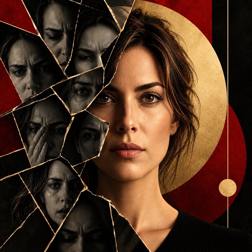 Stylised portrait of a woman beside a shattered mirror of distressed reflections