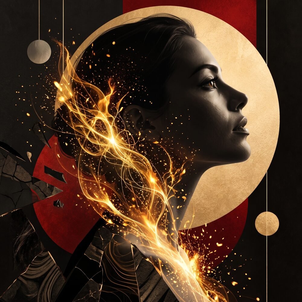 Stylised profile portrait wreathed in flowing flame and gold light, fractured stone at the base